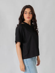 Nia Shoulder Slit Top - Black