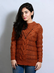 Woman wearing a brown knitted sweater against a plain background