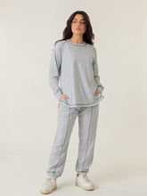 Berlin Heather Grey summer co-ord set for women featuring a longer-length top with raglan sleeves and matching cuffed trousers.