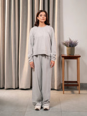Full front view of the Brooklyn matching set in Heather Grey, featuring a boxy long-sleeve top with wide-leg trousers.