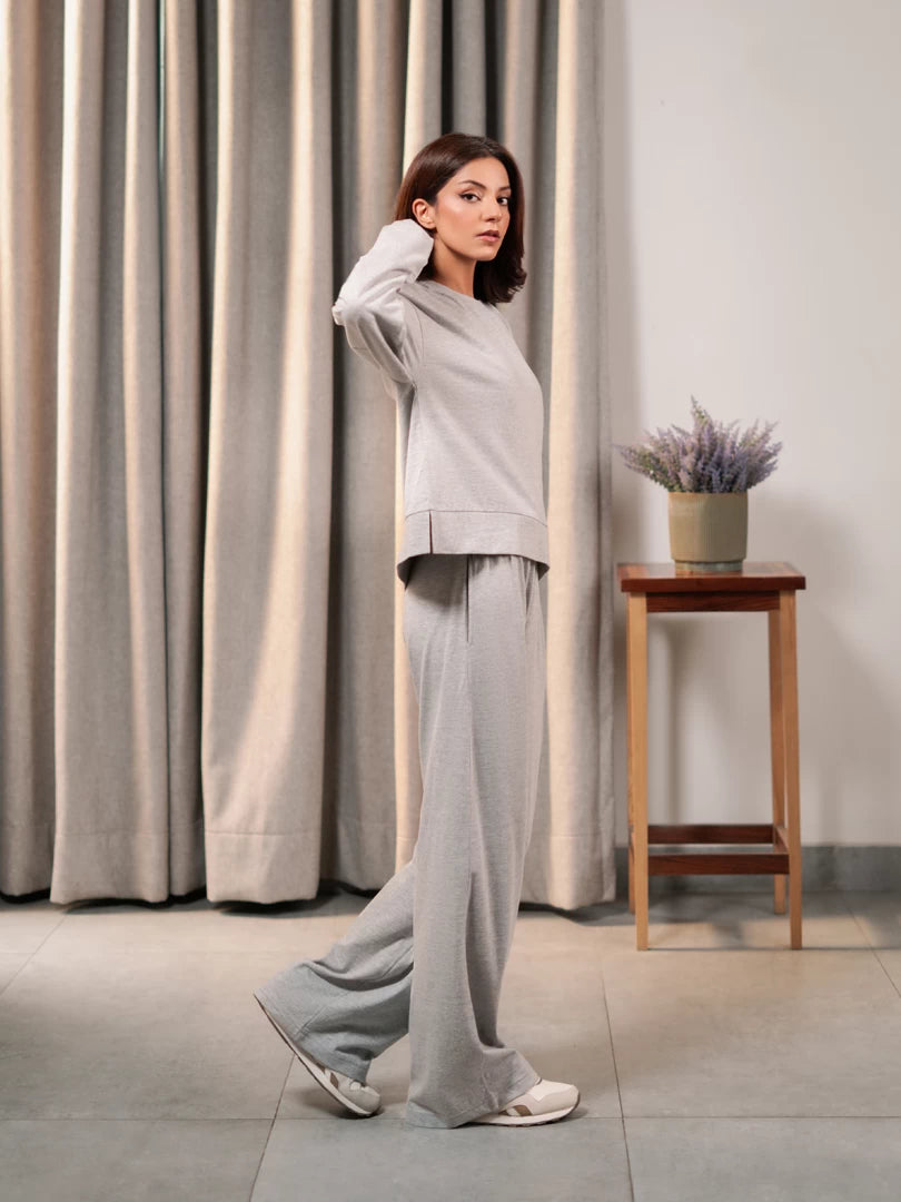 Brooklyn Heather Grey summer co ord set for women featuring a relaxed boxy top and matching wide-leg trousers.