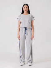 Ellioti Heather Grey batwing co-ord set for women featuring a short-sleeve top and matching wide-leg trousers with contrast detailing.