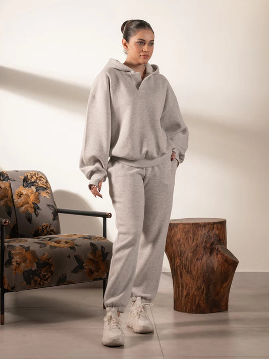 Garconne Heather Grey oversized hoodie matching set for women, featuring a double-layer hood and matching cuffed trousers.