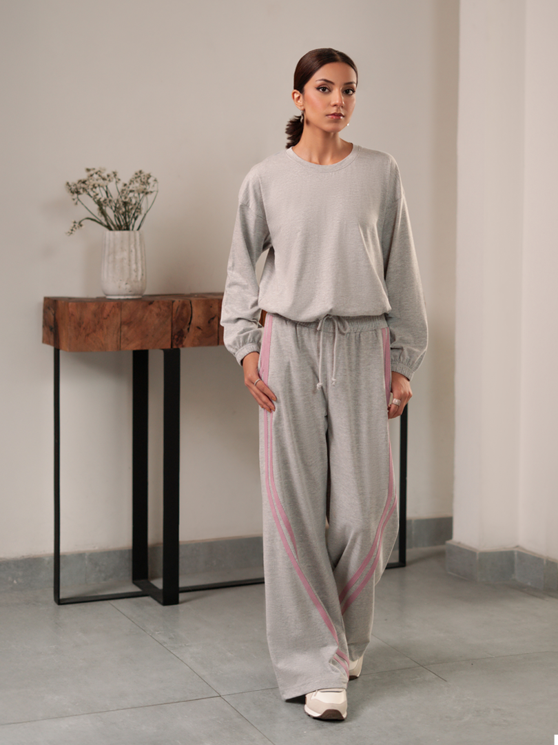 Indie Heather Grey women's co-ord set with a relaxed drop-shoulder top and pink-striped wide-leg trousers