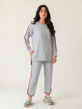 Front view of the Ivy Heather Grey summer athleisure set showing the long top and matching trousers with contrasting binding.