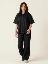 Larissa Black cotton co ord set for women with a collared button-down shirt and matching wide-leg trousers