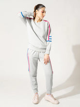Michi Heather Grey fleece sweat set for women, featuring a matching sweatshirt and trousers with pink and blue contrast stripes.