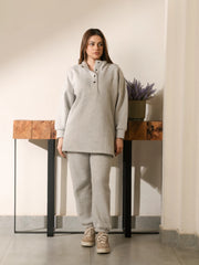 Full-length front view of Nina Heather Grey winter matching set with relaxed sweatshirt and trousers