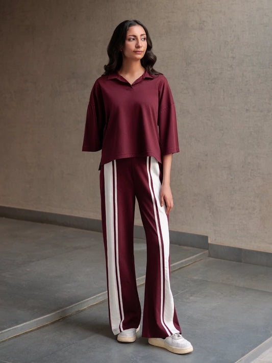 Zane Mulberry women's co-ord set with a relaxed collared top and wide-leg trousers with contrast stripes