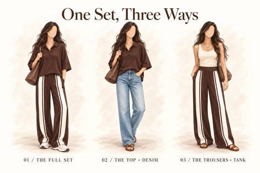 Illustration of the Zane chocolate brown matching set styled three ways: together, the top with blue jeans, and the striped trousers with a cream tank.