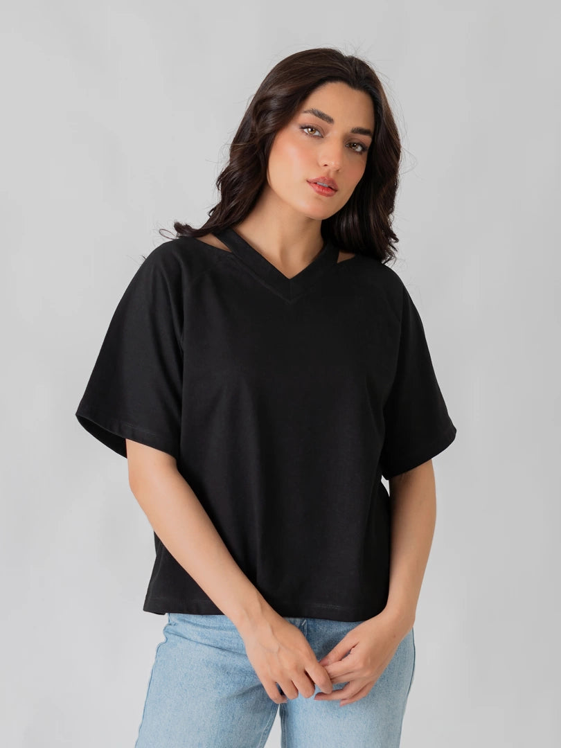 Nia Shoulder Slit Top - Black