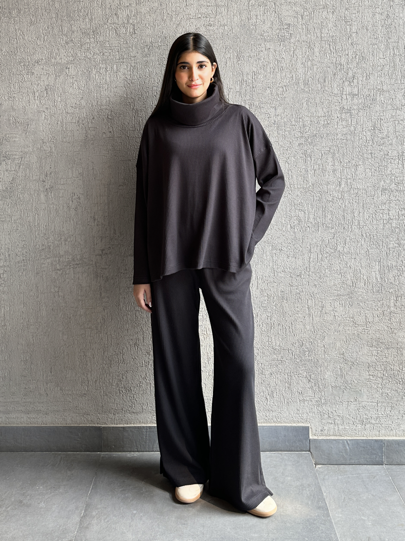 Yula High Neck Matching Set (Winter) - Smoky Black