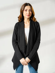 Front view of the black Ash Front Open Overlayer with a slim fit, worn with a white top and blue jeans.