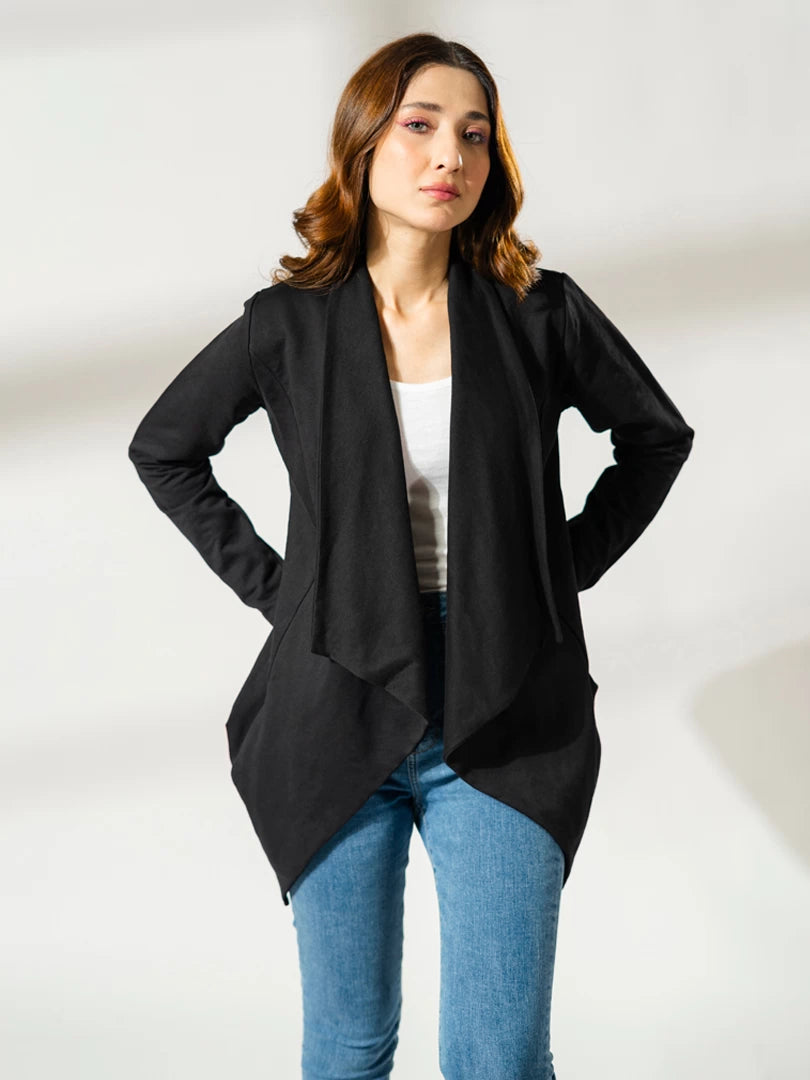 Full front view of the black Ash Front Open Overlayer styled with blue jeans.