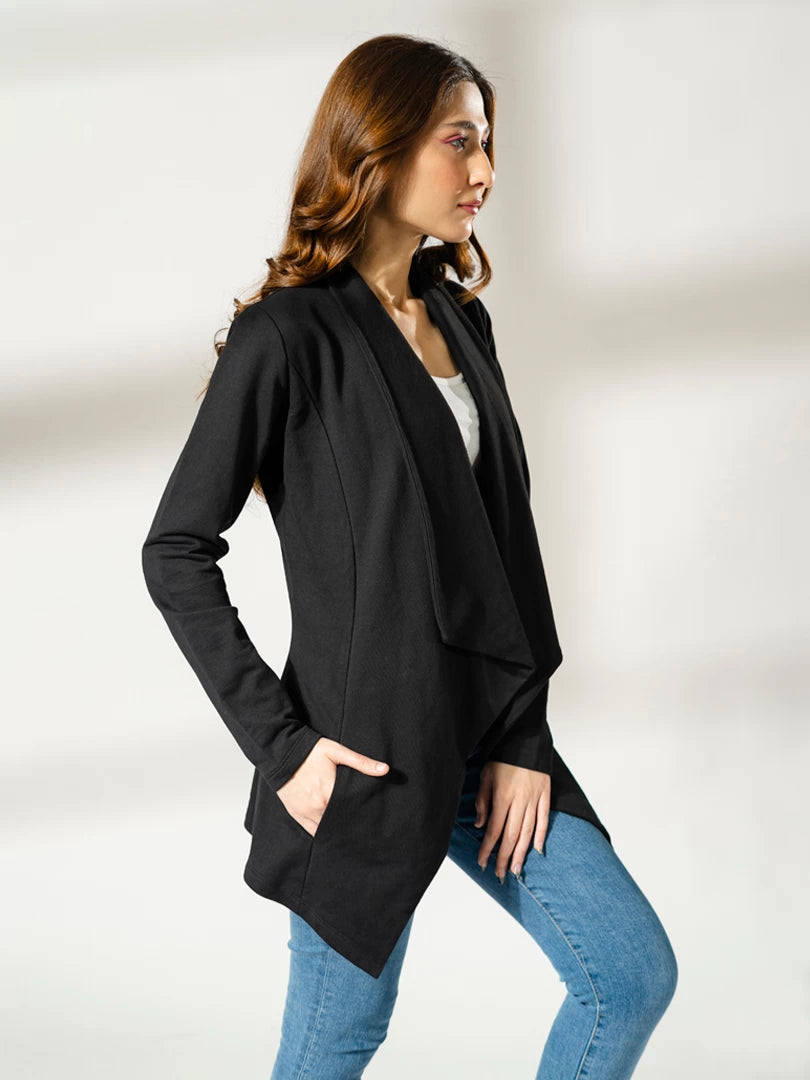 Side angle of the black Ash Front Open Overlayer showing its slim silhouette.