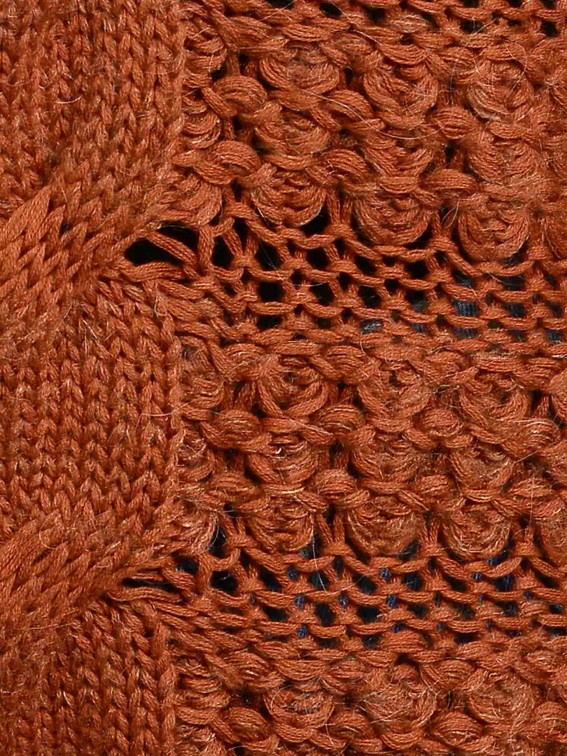 Close-up of the chunky knit texture and intricate stitching on Coastline's Jagger Sweater in Mace Brown.