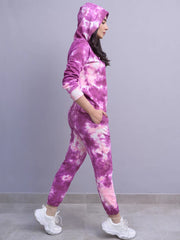 Cloudy Purple tie dye fleece hoodie co ord set with matching trousers, shown in a full-length side view