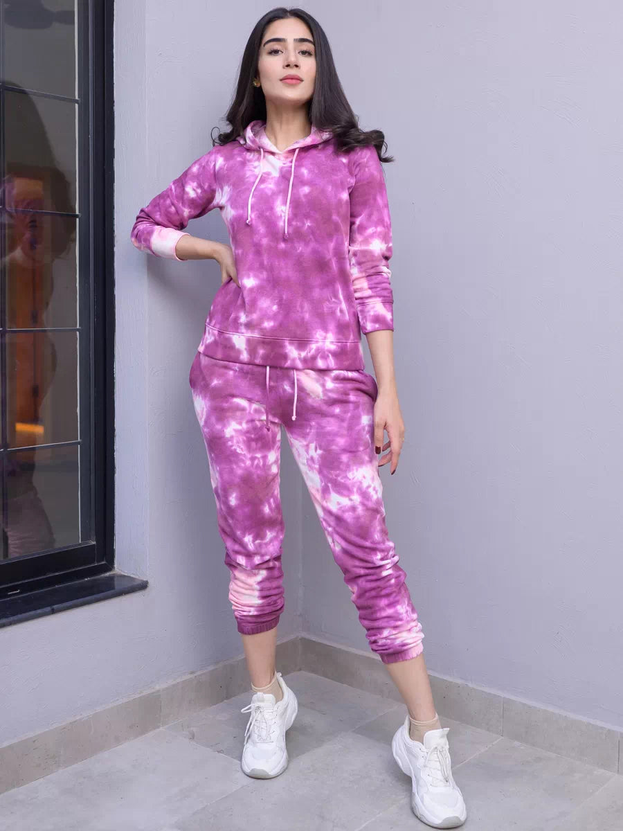 Full-length front view of the Cloudy Purple tie dye matching hoodie set with coordinating fleece trousers