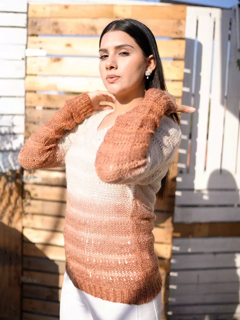 Close-up front view of Coastline's Dip Dyed Sweater in Dusty Tan, showing the two-tone knit design.