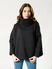Front view of the Elkin high-neck sweatshirt in Black, showing its dropped shoulders, roomy sleeves and wide, boxy body.