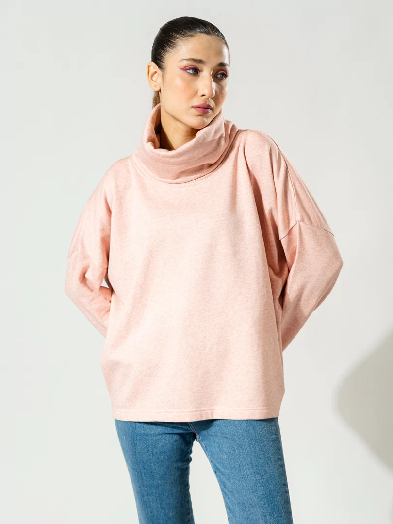 Front view of the Elkin Heather Pink high-neck sweatshirt, showing its wide body, dropped shoulders and long sleeves.