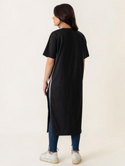Full-length back view of the Eve Side Slit Maxi Dress in Black, showing the simple round neckline, short sleeves and straight back.