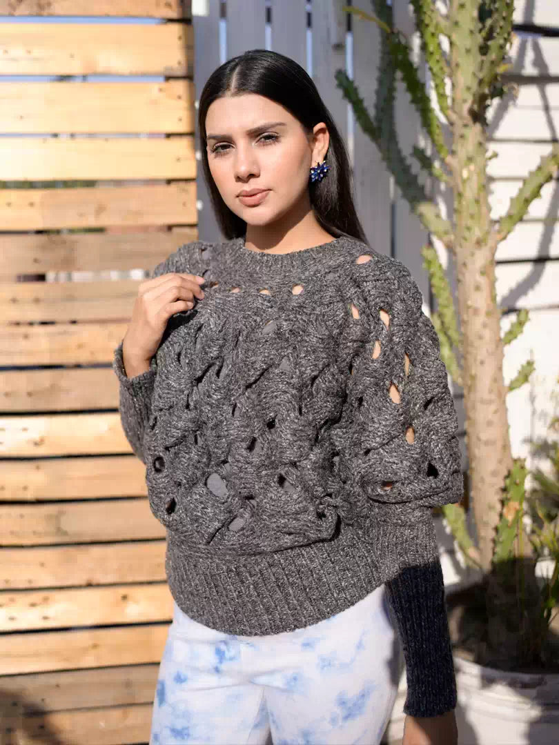 Chunky Body Hugging Giselle Sweater in Sparkling Gray by Coastline, front view showing textured knit design.