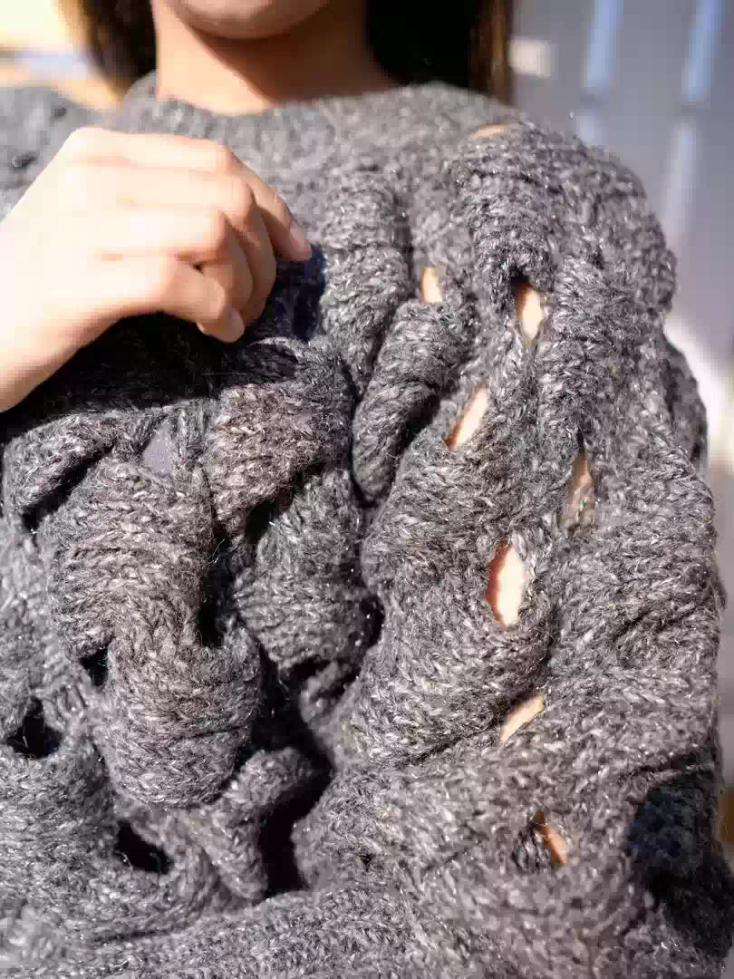 Close-up of the chunky knit texture and fabric details of Coastline's Giselle Sweater in Sparkling Gray.