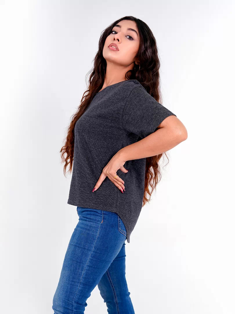 Three-quarter view of the Heritage Fashion Tee in Pixel Grey, highlighting its loose fit, short sleeves and textured cotton jersey.