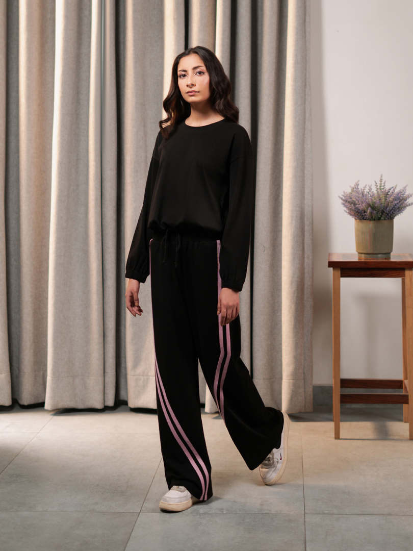 Indie Black women's co-ord set with a relaxed drop-shoulder top and contrast-striped wide-leg trousers