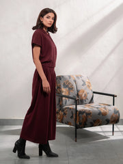 Jax Mulberry women's co-ord set with a collared button-down top and high-rise wide-leg trousers