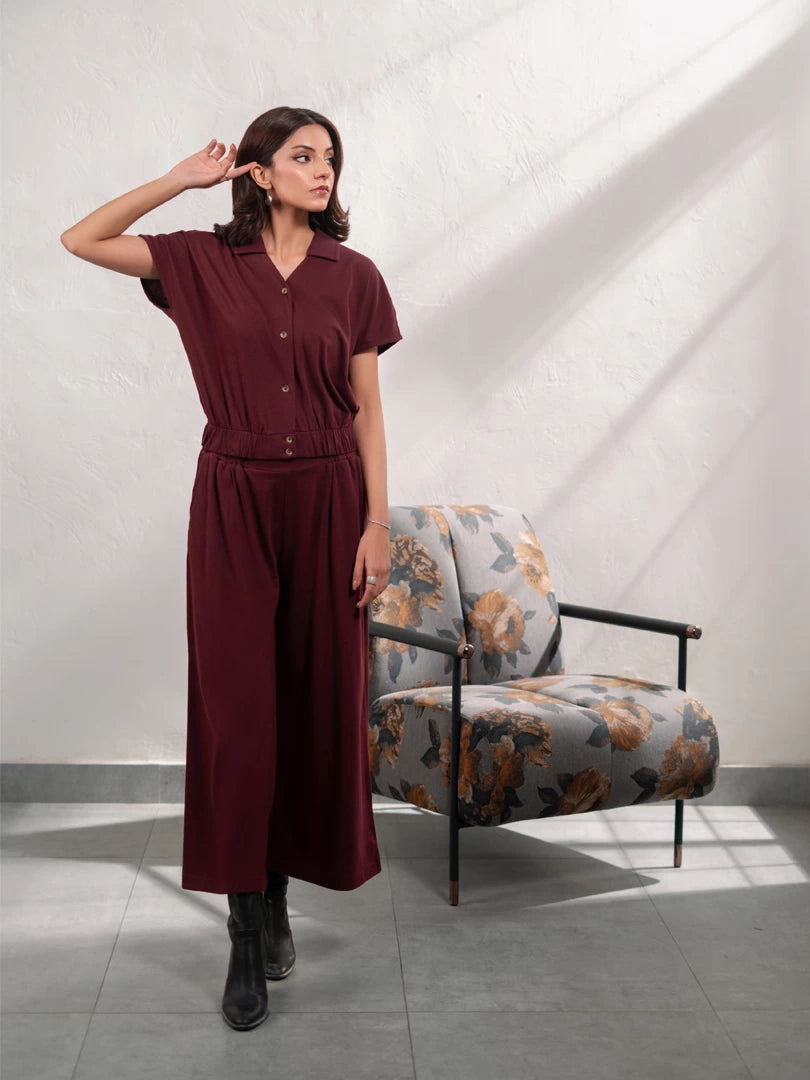 Model wearing the Jax Mulberry summer co-ord set with a collared top and relaxed wide-leg trousers