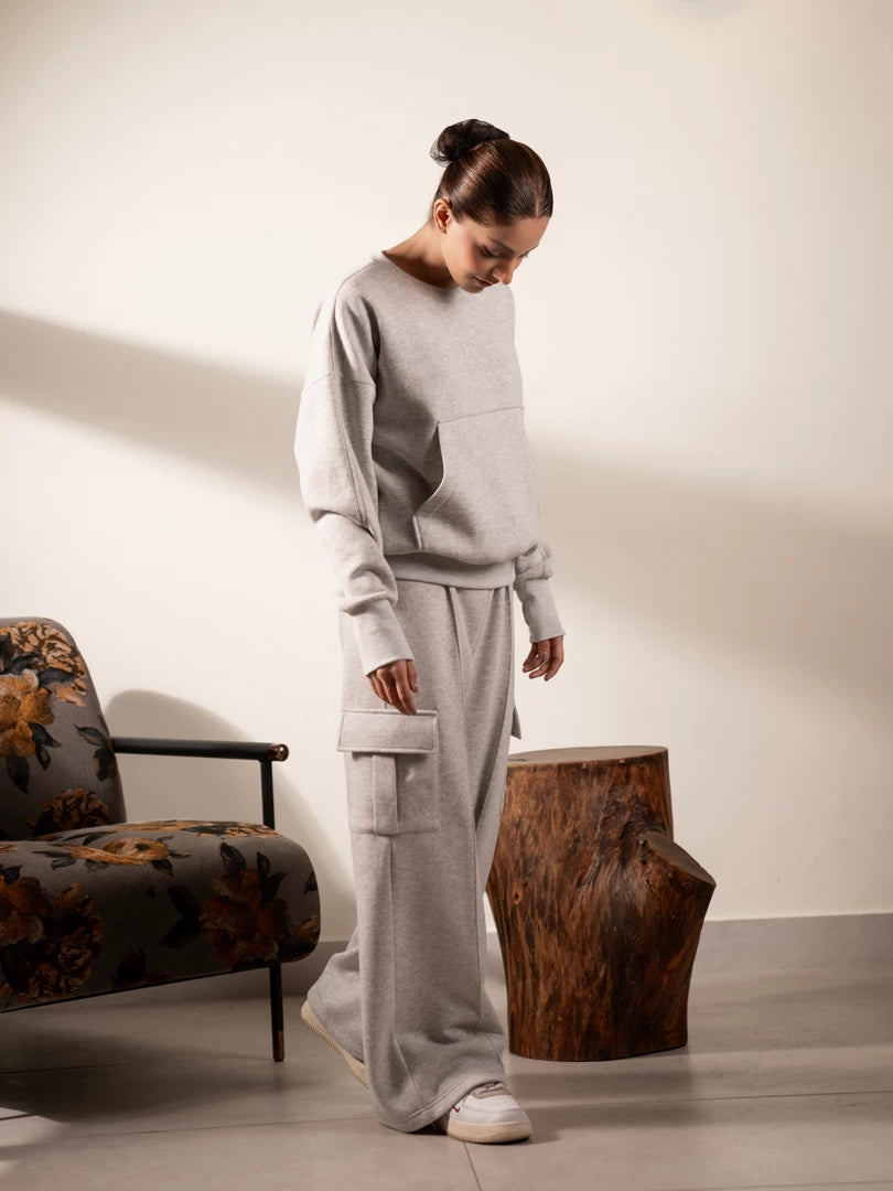 Kangroo Heather Grey winter co-ord set featuring a kangaroo-pocket sweatshirt and matching cargo trousers.