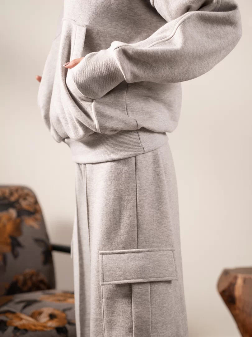 Close-up of the Kangroo Heather Grey matching set trousers showing the distinctive side cargo pocket.