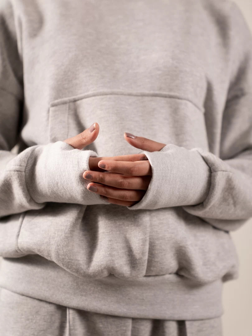 Close-up of the Kangroo Heather Grey sweatshirt showing the sleeve and cuff detailing.