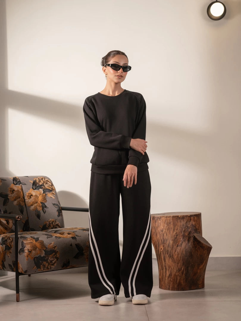 Lana Black women's co ord set with panel-detail sweatshirt and wide-leg trousers featuring contrast side stripes