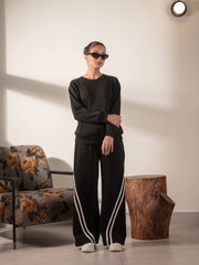 Lana Black women's co ord set with panel-detail sweatshirt and wide-leg trousers featuring contrast side stripes