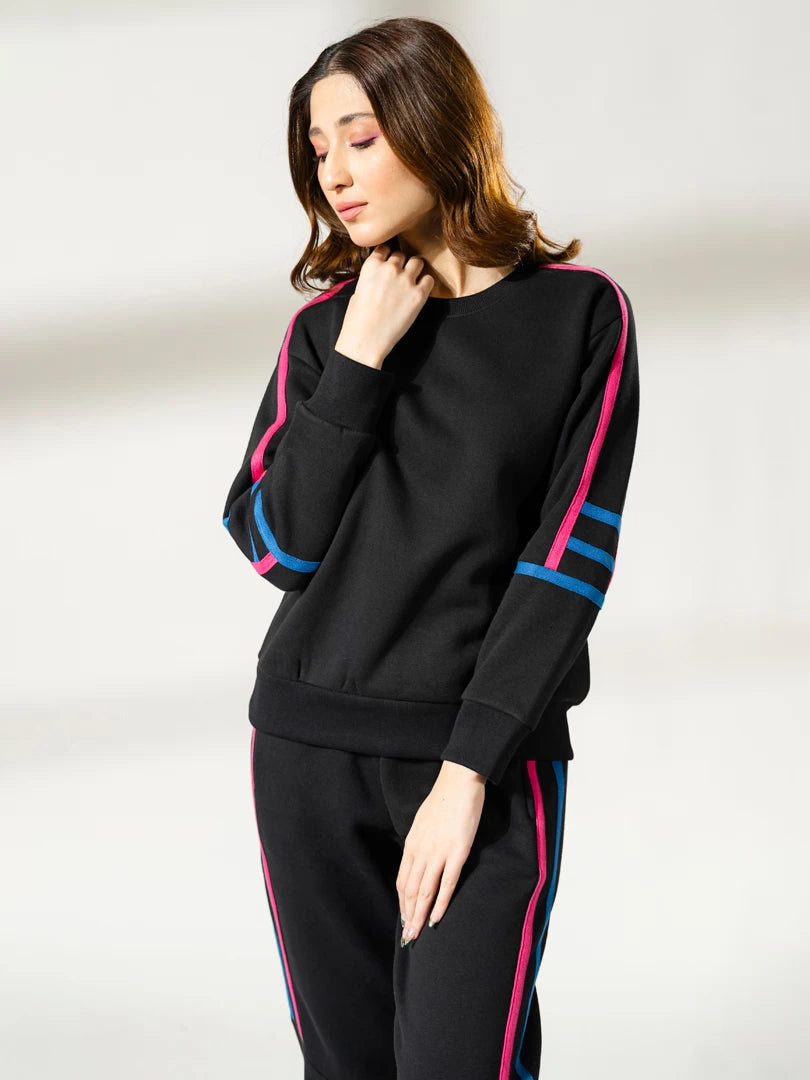 Michi Black fleece athletic sweat set for women, featuring a sweatshirt and matching trousers with colourful contrast tape detailing.