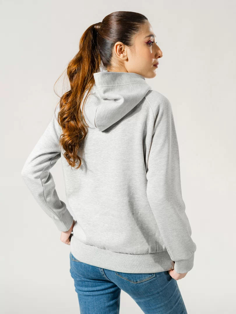 Back three-quarter view of the Naia Heather Grey hoodie, highlighting its overlapping hood, relaxed back and ribbed hem.
