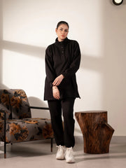 Full-length front view of the Nina Black fleece co-ord set for women with a loose-fit sweatshirt and matching trousers