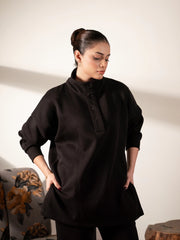 Closer view of the Nina Black winter co-ord set featuring a loose-fitting sweatshirt with long sleeves