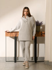 Nina Heather Grey fleece co-ord set featuring a long length sweatshirt with snap-button collar and matching trousers