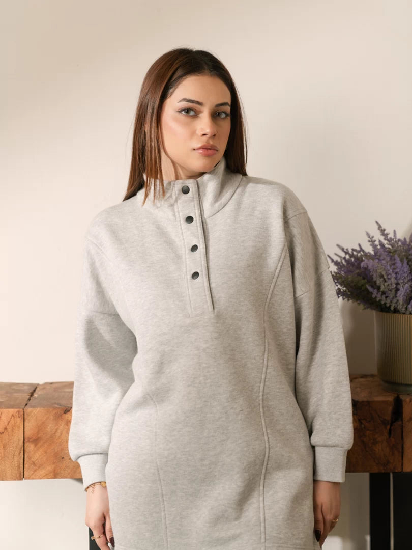 Closer view of Nina Heather Grey stand-neck fleece sweatshirt with snap-button front closure