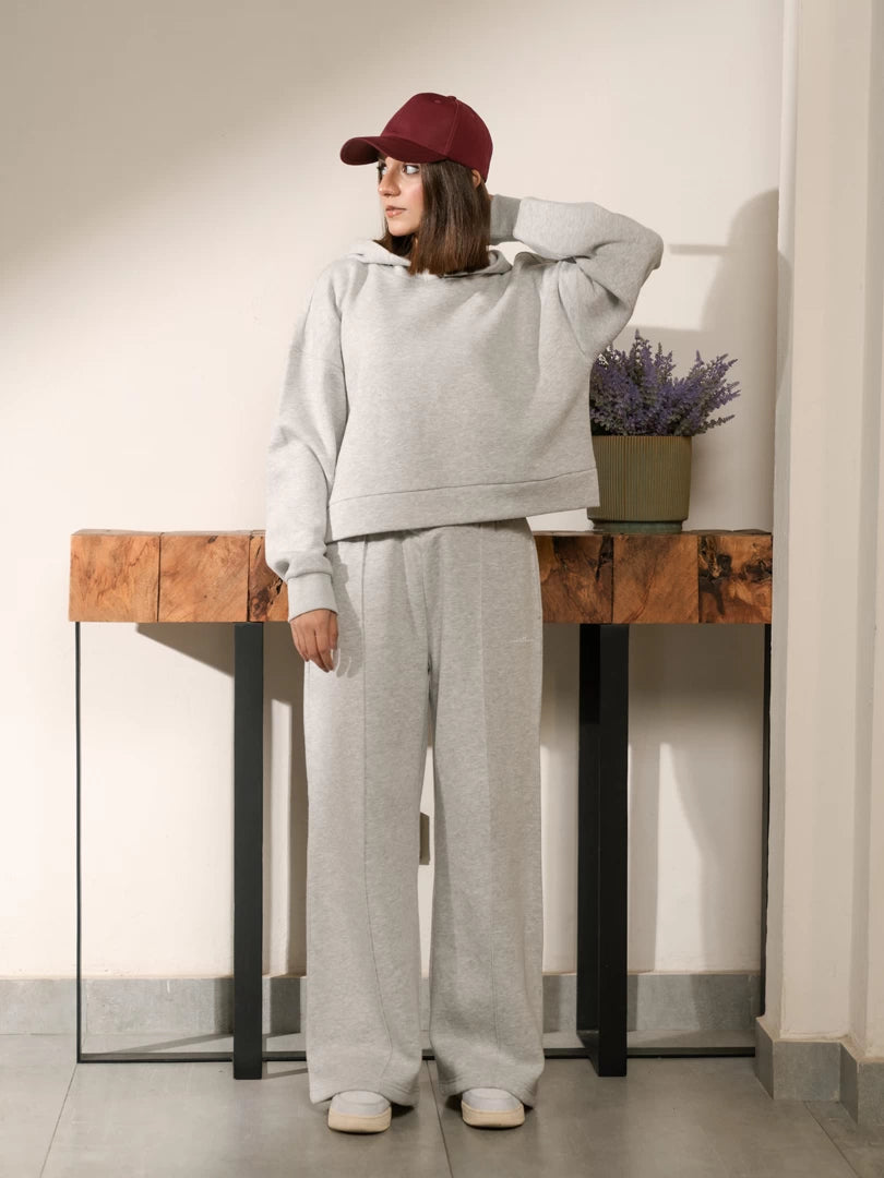 Full-length front view of the Soho Heather Grey winter hoodie set showing the relaxed boxy top and wide-leg trousers.