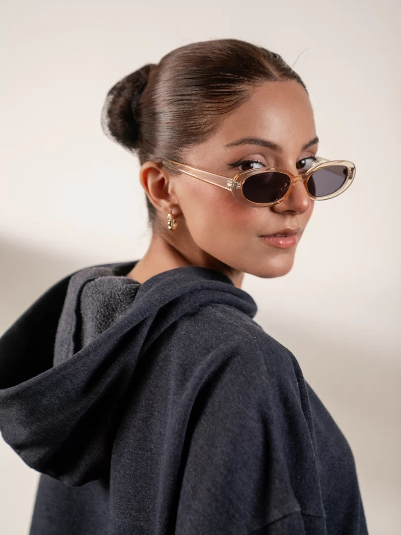 Closer side view of the Soho Midnight Blue hoodie showing its hood and relaxed shoulder silhouette