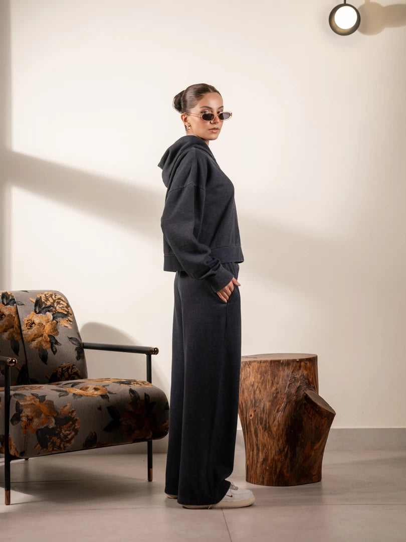 Side view of the Soho Midnight Blue matching hoodie set showing its relaxed fit and wide-leg trouser silhouette