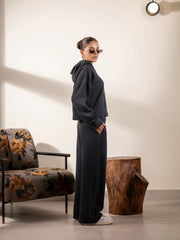 Side view of the Soho Midnight Blue matching hoodie set showing its relaxed fit and wide-leg trouser silhouette