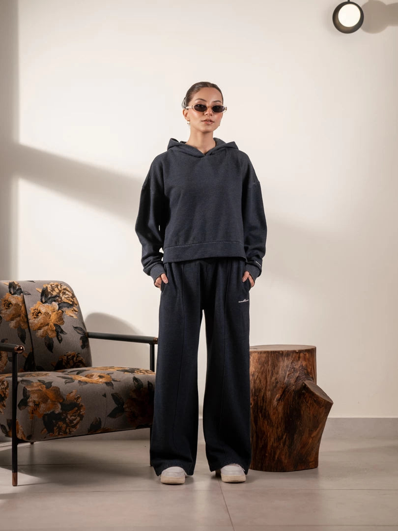 Full-length front view of Soho Midnight Blue winter matching set with relaxed boxy hoodie and wide-leg trousers