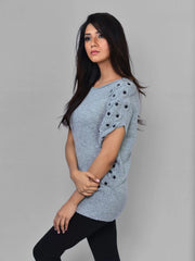 Side view of Coastline's Studded Rihanna Sweater in Koala Grey, showing the fitted silhouette and embellished sleeve.