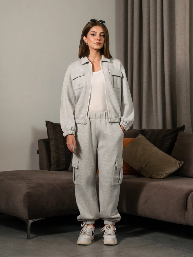 Varley Heather Grey women's co-ord set with a collared zip-up jacket and matching cargo trousers by Coastline